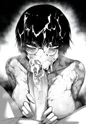 blowjob burn_scar cum cum_on_breasts cum_on_face cumshot jujutsu_kaisen masoq095 monochrome scars zenin_maki