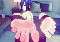 1girls bangs barefoot blue_hair bob_cut embarrassed feet feet_up foot_fetish foot_focus kirishima_touka long_toes meaty_soles mouth_open red_eyes short_hair smelly_feet soles solo solo_female stirrup_legwear stirrup_socks tagme toes tokyo_ghoul