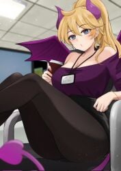 artist_request averysai blue_eyes clothed coffee_cup demon_girl demon_horns demon_tail demon_wings hoop_earrings indie_virtual_youtuber large_breasts name_tag not_porn office_lady safe safe_for_work sfw sitting_on_chair succubus virtual_youtuber