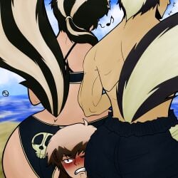 1boy 2girls ass badger_girl beach bikini black_hair couple huge_ass mecha-windom skunk skunk_girl white_hair