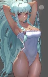 aqua_hair armpits arms_behind_head artist_name bare_shoulders blush braid breasts cleavage collarbone covered_navel dark-skinned_female dark_elf dark_skin elf female grey_background hair_intakes hair_tie hair_tie_in_mouth highleg highleg_leotard highres large_breasts leotard long_hair looking_at_viewer mixed-language_commentary mouth_hold pointy_ears purple_eyes puyoakira rosalinde_(unicorn_overlord) simple_background solo strapless strapless_leotard sweat thighs twin_braids tying_hair unicorn_overlord white_leotard