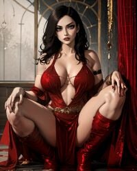 ai_generated ai_hands black_hair female kaileena large_breasts navel prince_of_persia prince_of_persia_warrior_within red_dress seductive spread_legs tagme