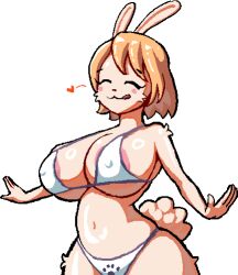 anthro anthropomorphic bibi_(gamer_struggles) big_breasts bikini bikini_bottom bikini_top blonde_hair breasts bunny_ears bunny_girl closed_eyes cumbusters female female_only furry gamer_struggles gamer_struggles_(game) happy massive_breasts smile solo_female tiddies tongue_out white_bikini