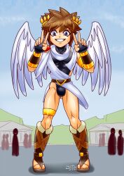1boy angel angel_wings ass_visible_through_thighs belt bicep_bracelet blue_eyes brown_hair bulge chiton clothed clothed_male double_peace_sign grin grinning grinning_at_viewer high_cut_swimsuit kid_icarus laurel_crown leotard looking_at_viewer male male_only muscular muscular_male nervous nervous_smile nervous_sweat nintendo part_of_a_set peace_sign pit pit_(kid_icarus) public sandals scarf smile smiling_at_viewer solo solo_focus solo_male sweat sweatdrop teeth thigh_ring twink white_wings whitt