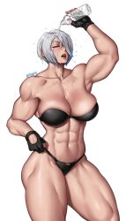 abs alternate_muscle_size angel_(kof) bare_shoulders biceps black_panties black_sports_bra bottle breasts cleavage collarbone female fingerless_gloves gloves hair_over_one_eye highres holding holding_bottle king_of_fighters king_of_fighters_xiv large_breasts midriff mootium muscular muscular_female navel obliques open_mouth panties pouring pouring_onto_self short_hair simple_background snk solo spilling sports_bra strapless thick_thighs thighs underwear veins veiny_arms water_bottle wet white_background white_hair