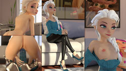 1girls 3d areola blue_eyes breasts comic dildo disney elsa_(frozen) eyeshadow female frozen_(film) high_heels lipstick makeup nipple_piercing nipples no_bra ocboon pussy vaginal_penetration white_hair