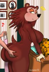 allannocte animal_crossing brown_hair female furry hedgehog human_on_anthro interspecies male_human/female_anthro male_on_anthro naked_apron nintendo nude sable_able side_view sideboob unseen_male_face