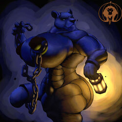 abs anthro biceps big_breasts big_nipples black_fur breasts chains dark extreme_muscles feline female fur furry huge_breasts lantern lion looking_at_viewer mammal muscular muscular_female muscular_legs nipple_piercing nipples piercing shadow small_head smile thick_thighs triceps video_games xatanlion