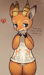 ? animal_crossing anthro balls beau_(animal_crossing) big_ears blush bottomless bulge cervine clothed clothing cute deer dialogue english_text erection half-closed_eyes heart honeycalamari horn long_ears looking_away male male_only mammal mostly_nude nintendo open_mouth penis shirt_bulge shy simple_background solo standing text thick_thighs tongue video_games