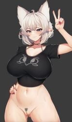 absurd_res ahoge animal_ears arm_up armpits bikini black_bikini black_choker black_shirt blush borrowed_character bra breasts cameltoe choker cleft_of_venus closed_mouth cowboy_shot ear_piercing extra_ears female female_pubic_hair grey_background grey_hair hand_on_own_hip hi_res high_resolution highres large_breasts lorel_(aurwoora) nail_polish navel nipples no_panties original piercing pointy_ears pubic_hair pubic_hair_peek red_nails round_eyewear short_hair simple_background smile solo spiked_choker spikes standing tagme topless v varniskarnis white_hair