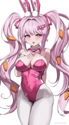 1girls alice_(nikke) alice_(wonderland_bunny)_(nikke) arched_back blush breasts bunny_ears bunnysuit cleavage ekuskarma female female_only fully_clothed goddess_of_victory:_nikke hand_on_breast hips open_mouth pink_eyes pink_hair revealing_clothes shiny_clothes thighs tight_clothing twintails upper_teeth white_background