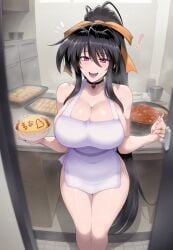 1girls ai_generated akeno_himejima apron_only bare_arms bare_legs bare_shoulders bare_thighs big_breasts black_hair blush clothed clothing collar color female female_focus female_only hi_res high_school_dxd large_breasts light-skinned_female light_skin long_hair meepking purple_eyes solo solo_female tagme thick_thighs