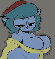 blue_hair blue_skin cat_humanoid cleavage janet_(windreg1) motion_lines overflowing_breasts red_hat tagme twitter windreg yellow_shirt