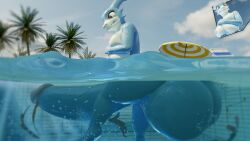 anthro ass balls bandai_namco big_(disambiguation) blue body breasts clothing digimon digimon_(species) erection expansion flamedramon futanari genitals growth herm hi_res huge hyper intersex nude penis pool public skin solo stillwaiting underwater wardrobe_malfunction