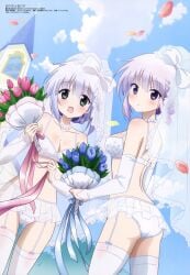 airi_(alice_or_alice) alice_or_alice ass back bare_back bare_belly bare_shoulders blue_ribbon blush body_blush bouquet bow bow_bra bow_panties bra breasts bridal_veil cleavage collarbone detached_sleeves elbow_gloves flower garter_belt green_eyes grey_hair holding_bouquet jewelry light_purple_hair medium_breasts megami_magazine mouth_closed mouth_open multiple_girls necklace official_art panties pearl_necklace pink_ribbon purple_eyes ribbon rise_(alice_or_alice) smile thighhighs thighs underwear underwear_only veil white_bra white_garter_belt white_panties white_sleeves white_thighhighs zettai_ryouiki