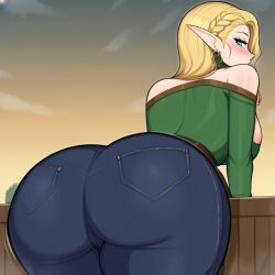 1girls ai_generated ass bare_shoulders big_ass blonde_hair blonde_hair blush earrings elf female green_eyes jeans light-skinned_female looking_back nai_diffusion outdoors stable_diffusion tight_jeans