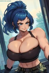 1girls 2d abs ai_generated athletic athletic_female bare_shoulders belly belly_button big_breasts blue_eyes blue_hair breasts busty_buff crop_top female gloves huge_breasts king_of_fighters large_breasts leona_heidern long_hair looking_to_the_side midriff pants smile snk solo source standing tampopo tied_hair wide_shoulders
