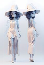 ai_generated back_view bare_legs bare_shoulders blue_eyes blue_hair doll doll_joints dress elden_ring female female_only high_heels legs long_legs ranni_the_witch sensuarty short_hair thick thick_ass thick_thighs white_dress witch_hat