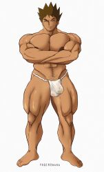 1boy 2024 bara brock_(pokemon) bulge crossed_arms fundoshi male male_only muscular muscular_male nipples pee_stain pokemon simple_background solo tagme white_background yaqirob