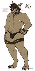 1boy animal_humanoid black_fur black_nails black_panties character_name chin_piercing collar corpsekalbi muscular_male original_character steamy_breath tan_fur thick_thighs white_background