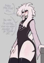 1boy anthro asriel_dreemurr asriel_dreemurr_(god_form) black_sclera black_socks blush choker dialogue dialogue_bubble dress ear_piercing femboy girly hand_on_thigh horn horns long_ears long_sleeves male male_only oro97 socks solo tail thick_thighs thighs undertale undertale_(series) white_body white_fur white_skin