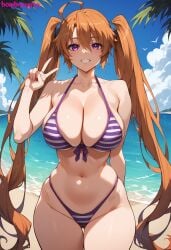 1girls ahoge ai_generated beach big_breasts bikini bombacopta breasts cleavage cleavage_overflow grin high_school_dxd large_breasts long_hair midriff peace_sign purple_eyes shidou_irina smile thick_thighs twintails underboob