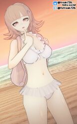 1girls 3d bangs bare_arms bare_midriff bare_thighs beach bikini breasts cleavage danganronpa danganronpa_2:_goodbye_despair fefreak726 female female_only grey_hair hand_on_own_face looking_at_viewer medium_breasts medium_hair midriff nanami_chiaki oblivious ocean open_mouth outdoors pink_eyes solo swimsuit thighs white_bikini white_swimsuit