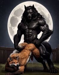 ai_generated anal anal_sex canine doggy_style duo fox gay looking_pleasured male_on_male muscular_male orgasm_face realistic smaller_male snarling solo submissive_male werewolf wolf