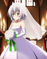 female_only flower flowers gold_eyes happy high_school_dxd koneko_toujou small_breasts smile wedding wedding_dress wedding_veil white_hair yellow_eyes