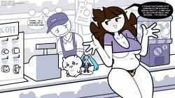 1boy 1girls :3 accurate_art_style animal_print artist_self-insert baseball_cap belly blush breasts brown_hair cash_register cat_print character_doll cleavage clothing counter crane_game crop_top cropped_shirt employee_uniform english english_dialogue english_language english_text female female_only figure hands_up hat huge_breasts jaiden jaiden_animations jaidenanimations large_breasts leopard_print long_hair male midriff navel open_mouth panties plump print_panties purple_shirt sexually_suggestive shirt shop short_sleeves smile steca sweatdrop talking text thelazyart thick_legs thighs twintails underboob undersized_clothes underwear white_skin youtube youtuber youtuber_girl youtubers