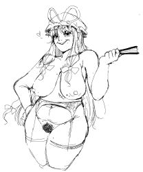 breasts hairbow hand_on_hip hat large_breasts lingerie lingerie_only long_hair looking_at_viewer mature_female milf older_female pepponeppo plump pubic_hair sagging_breasts sketch smile smiling thick_thighs touhou yakumo_yukari