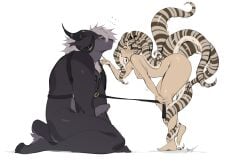 ass big_butt black_body black_fur bovid_horn breasts caprine_horn cephalopod chest_harness coleoid coraline_kempt crowlix dominant dominant_female female fur harness harness_only hi_res horn kintsugi kintsugi_(art) kintsugi_pattern leash leashed_male male marine mimic_octopus mollusk octopodiform octopus pseudo_hair ram_horn short sitting sitting_on_ground small_breasts tentacle tentacle_hair