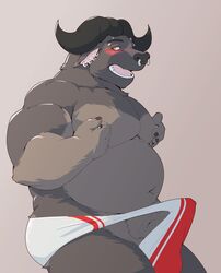 2019 absurd_res anthro belly blush bovid bovine bulge clothing erection hi_res horn humanoid_hands jumperbear male male_only mammal masturbation navel overweight overweight_male solo teeth tongue true_buffalo underwear water_buffalo