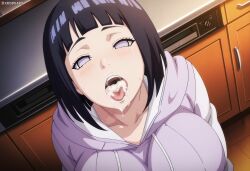 1boy absurd_res after_fellatio ai_assisted ai_generated ass black_hair bob_cut boruto:_naruto_next_generations breasts breath brown_shorts crispiiart cum cum_in_mouth cum_on_tongue facial female from_above hair high_resolution highres hyuuga_hinata indoors kitchen large_ass large_breasts looking_back male milf naruto naruto_(series) open_mouth seductive_smile short shorts straight sweater thick_thighs tongue upscaled