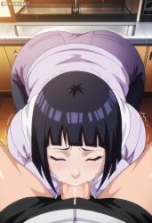 1boy absurd_res ai_assisted ai_generated ass black_hair blowjob bob_cut boruto:_naruto_next_generations breasts brown_shorts closed_eyes crispiiart deepthroat fellatio female hair high_resolution highres hyuuga_hinata indoors kitchen large_ass large_breasts leaning_forward looking_back male milf naruto naruto_(series) oral pov saliva seductive_smile short shorts straight sweater thick_thighs upscaled