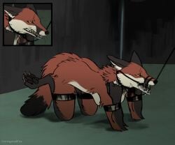 all_fours anthro anthro_on_anthro bitchsuit bondage bondage_gear bound breasts corruptedfox displeased female heavy_bondage leash slim solo submissive submissive_female yellow_eyes