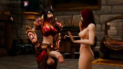 2025 3d armor black_hair blood_elf elf elf_ears female futanari glowing_eyes human human_(warcraft) pointed_ears rainbowviral red_hair world_of_warcraft