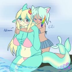 2girls annoyed_expression arms_around_neck belly_button belly_rolls bikini blonde_hair blush blushing_female cat_ears cat_girl cat_tail catgirl color colored colored_skin fat_female female flower_in_hair green_hair grey_eyes heterochromia in_water long_hair older_female on_knees petite petite_body petite_female plus_size pointy_ears ponytail shark_girl shark_tail short_hair sillypuppy69 simple_background sitting smiling_at_another tan_skin two_characters younger_female