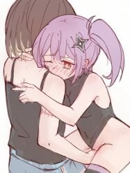 2girls bare_arms bikini black_socks black_tank_top blush brown_hair chinese_commentary commentary_request female fingering highres hug koga_konoha kusagakure_satoko multicolored_hair multiple_girls ninja ninja_to_koroshiya_no_futarigurashi purple_hair red_eyes short_hair shuriken_hair_ornament side_ponytail simple_background socks stitched_arm stitches stringtheoryszn swimsuit tank_top tankini tearing_up two-tone_hair white_background yuri