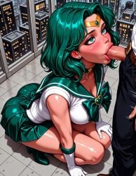 1boy ai_generated ass belt bishoujo_senshi_sailor_moon blush boots bow breasts brooch building choker circlet city cityscape cleavage clothing earrings elbow_gloves fellatio female footwear gloves green_choker green_eyes green_footwear green_hair green_sailor_collar green_skirt heart-shaped_pupils high_heels indoors jewelry jousneystudio kneeling large_breasts leotard lips looking_up magical_girl male male_pubic_hair medium_breasts medium_hair michiru_kaiou miniskirt oral pants penis pleated_skirt pubic_hair sailor_collar sailor_moon_(series) sailor_neptune sailor_senshi_uniform saliva shiny_skin shirt shoes short_hair skirt solo_focus squatting straight symbol-shaped_pupils tiara uniform veins veiny_penis white_gloves white_leotard window