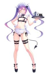 absurdres apron ass_visible_through_thighs barbell_piercing bibi_(tokoyami_towa) bikini black_bikini black_bow black_bowtie black_shoes bow bowtie breasts center-flap_bangs colored_inner_hair demon_girl demon_tail detached_collar double-parted_bangs ear_piercing female frilled_apron frills full_body gradient_hair green_eyes hair_ornament hairclip hand_on_own_hip high_heels highres holding holding_tray hololive industrial_piercing long_hair looking_at_viewer maid maid_bikini maid_headdress multicolored_hair navel navel_piercing nekonosuke open_mouth paid_reward_available parallel_hairclips piercing pink_hair pointy_ears purple_hair pussy_juice shoes side-tie_bikini_bottom simple_background small_breasts solo standing stomach string_bikini swimsuit tail tail_ornament tail_piercing thigh_strap tokoyami_towa tray twintails unconventional_maid very_long_hair virtual_youtuber waist_apron white_apron white_background wrist_cuffs