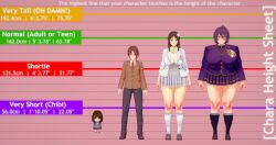 3d 3d_render akira_mandeville big_breasts breasts brown_hair carly_kajiwara female fumo_(doll) fumo_plush haruto_rose height height_chart height_difference koikatsu male minami_suo_nami original original_characters purple_hair shorter_male shorter_male/taller_female spidey-dude taller_female taller_girl