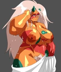 1girls alien alien_girl belly big_hair blush body_markings bodypaint breasts bush bushy_pubes colored_skin coolerinker curvy dark_areolae dark_nipples drying_off excessive_pubic_hair female female_pubic_hair frown gem green_skin holding_towel horns huge_breasts inkershike jasper_(steven_universe) large_areolae large_breasts long_hair multicolored_skin muscular muscular_female naked_towel navel nipples nude orange_body orange_skin plump post_shower pubic_hair red_skin solo steven_universe tattoo thick_thighs towel towel_only two-tone_skin very_long_hair water_drop water_droplets wet