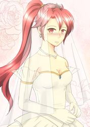 blush bridal_dress bridal_veil detached_sleeves dress fire_emblem fire_emblem:_path_of_radiance fire_emblem:_radiant_dawn jill_(fire_emblem) ponytail red_eyes red_hair roses