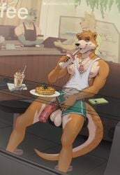 2025 absurd_res ambiguous_species animal_genitalia animal_penis anthro apron areola balls beverage big_balls big_penis bottomwear bottomwear_aside bracelet canid canine canis cellphone claws clothed clothing clothing_aside container cup cutlery dessert drinking drinking_straw eddward electronics english_text equine_genitalia equine_penis eyebrows flaccid food fork fruit fur furniture genitals group hi_res holding_beverage holding_object ice_cream inside jewelry kitchen_utensils knife long_penis looking_at_viewer male mammal midriff muscular muscular_anthro muscular_male mustelid napkin navel necklace nipples otter pancake pecs penis phone plant plate presenting presenting_penis public restaurant saggy_balls seashell seashell_necklace shell shirt shorts shorts_aside sitting smartphone smile solo_focus standing stool syrup table tank_top text thick_penis tools topwear tuft uneven_balls url window