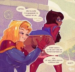 age_difference black_hair blonde_hair captain_marvel carol_danvers dark-skinned_female female grabbing_ass groping groping_ass kamala_khan marvel mask ms._marvel ms._marvel_(kamala_khan) muslim muslim_female pakistani_female pinafore_(artist) speech_bubble spread_anus spread_ass superheroine yuri