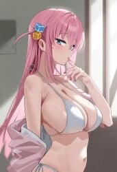 1girls big_breasts bikini blue_eye blue_eyes blush bocchi_the_rock! breasts busty cleavage female female_only finger_to_mouth gotou_hitori half-closed_eyes hi_res jacket large_breasts long_hair looking_at_viewer navel open_jacket pink_hair pose posing seductive seductive_look sensual sexy sexy_pose sideboob silver_bikini solo voluptuous