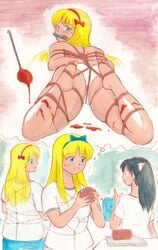 3girls arms_behind_back ball_gag black_hair_(onomichi) blonde_hair bondage bow chubby_(onomichi) clothed crotch_rope femsub food gag hairbow multiple_girls multiple_subs onomichi panties rope rope_bondage rope_harness slender_(onomichi)