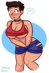 blush breasts brown_hair choker cleavage cropped_legs dark-skinned_female dark_skin female short_hair solo speech_bubble spoken_blush spoken_squiggle thick_thighs thighs torn_clothes underboob