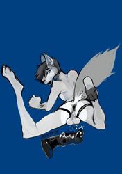 anthro anus ass bad_dragon balls blue_background canine chance_(bad_dragon) dildo equine_dildo gaping hi_res johan_(wrinklynewt) leaking looking_back lost-paw lube male male_only mammal open_mouth rear_view sex_toy simple_background solo wolf